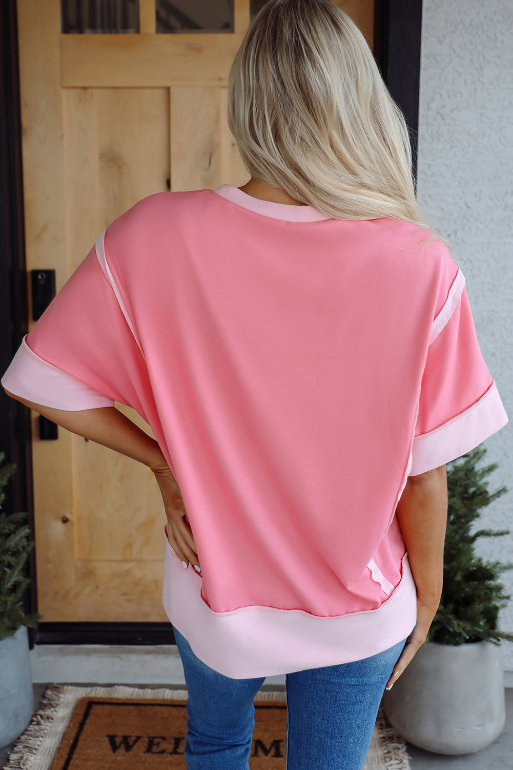 Colorblock 3/4 Sleeve Raw Seam High-Low Top