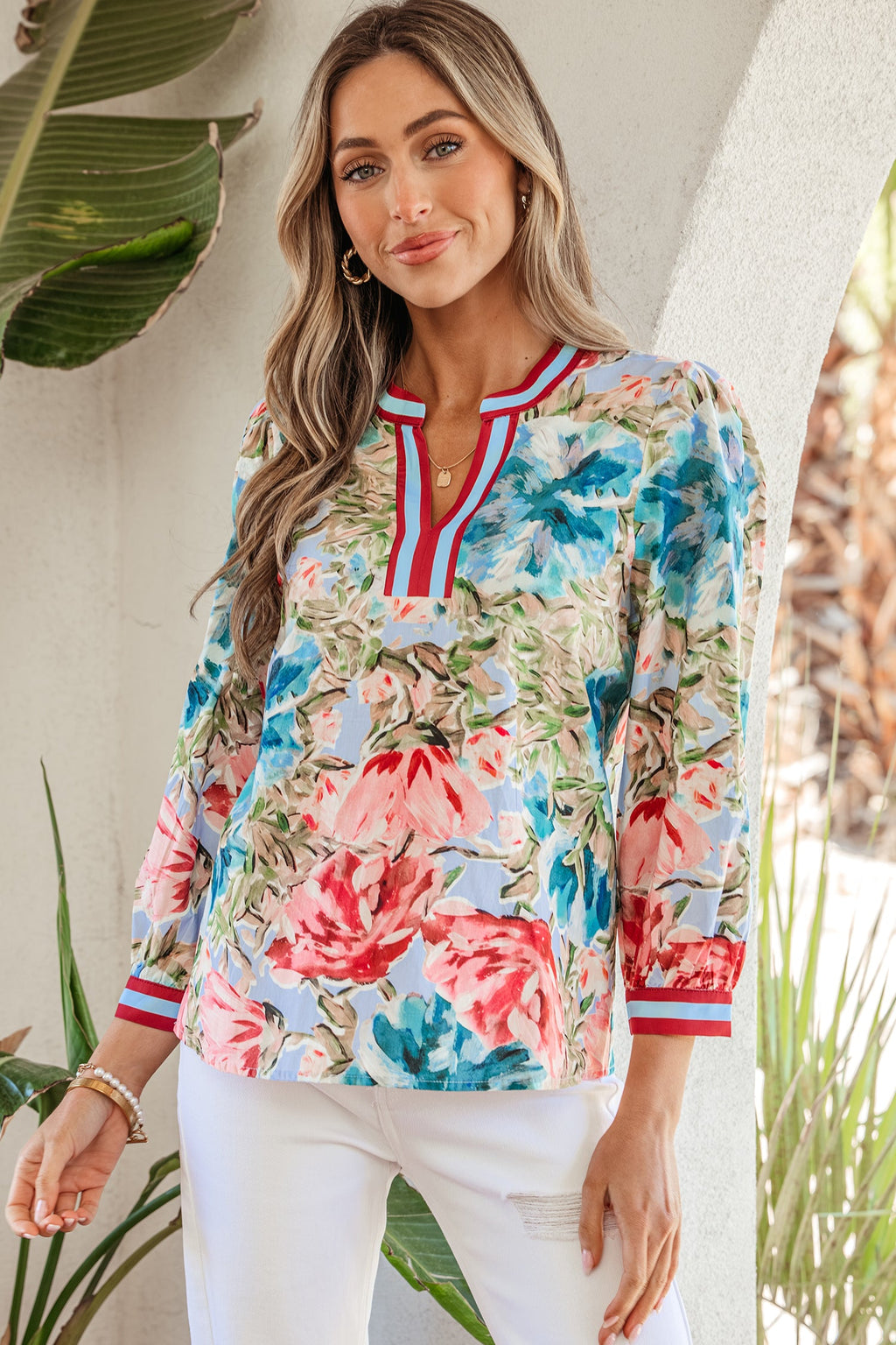 Floral Contrast Trim V-Neck Cuffed 3/4 Sleeve Blouse