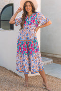 Floral Tie Split Neck Short Sleeve Dress