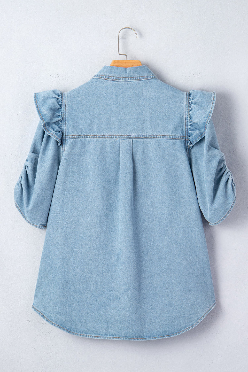 Solid Denim Ruffle Puff Sleeve Buttoned Shirt