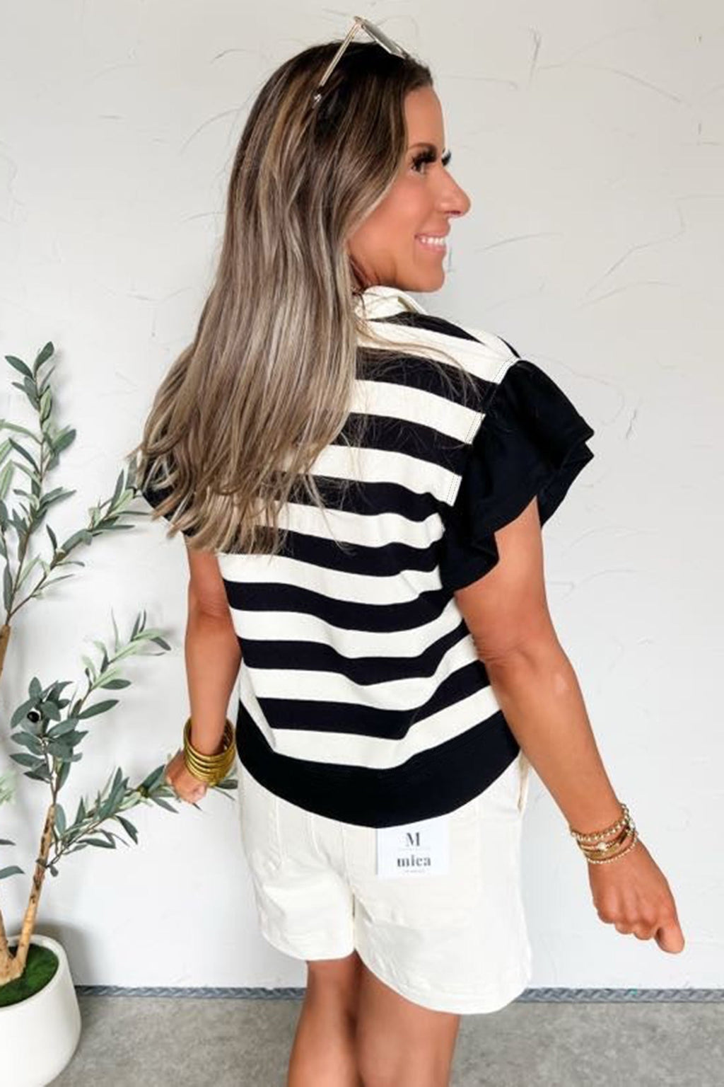 Stripe Collar V-Neck Ruffle Short Sleeve Blouse