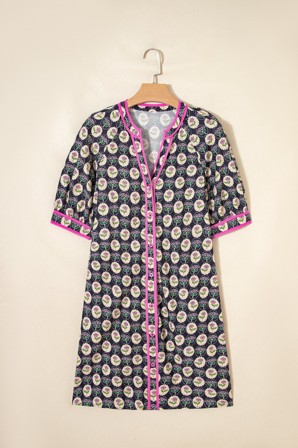 Floral Stripe Trim Short Sleeve Shift Dress