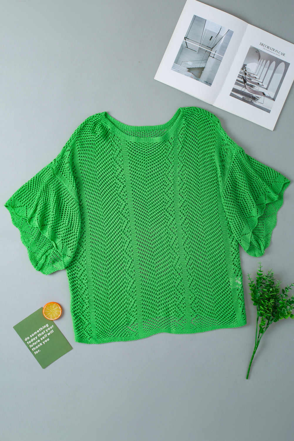Pointelle Knit Scallop Edge Short Sleeve Top