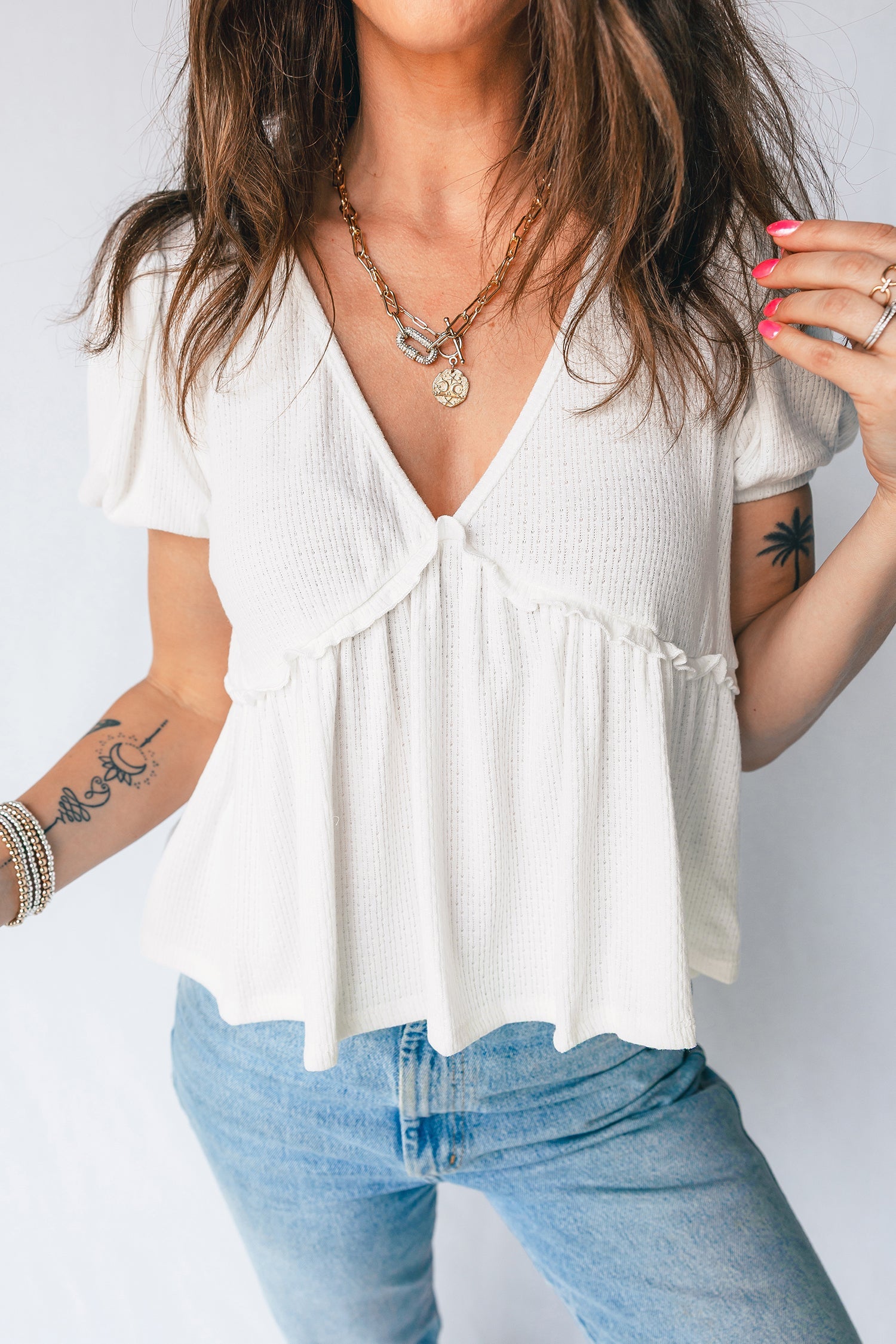 Floral Bow Tie Back Bubble Sleeve Peplum Top