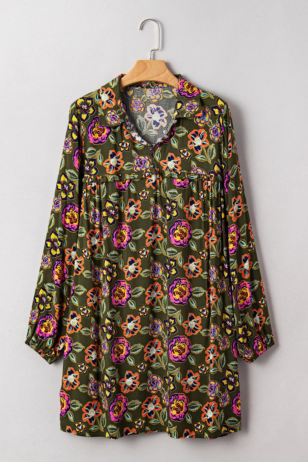 Floral Split Neck Bubble Sleeve Shift Mini Dress
