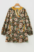 Floral Contrast Trim V-Neck Long Sleeve Pocketed Dress