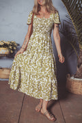 Boho Floral Smocked Square Neck Puff Sleeve Dress