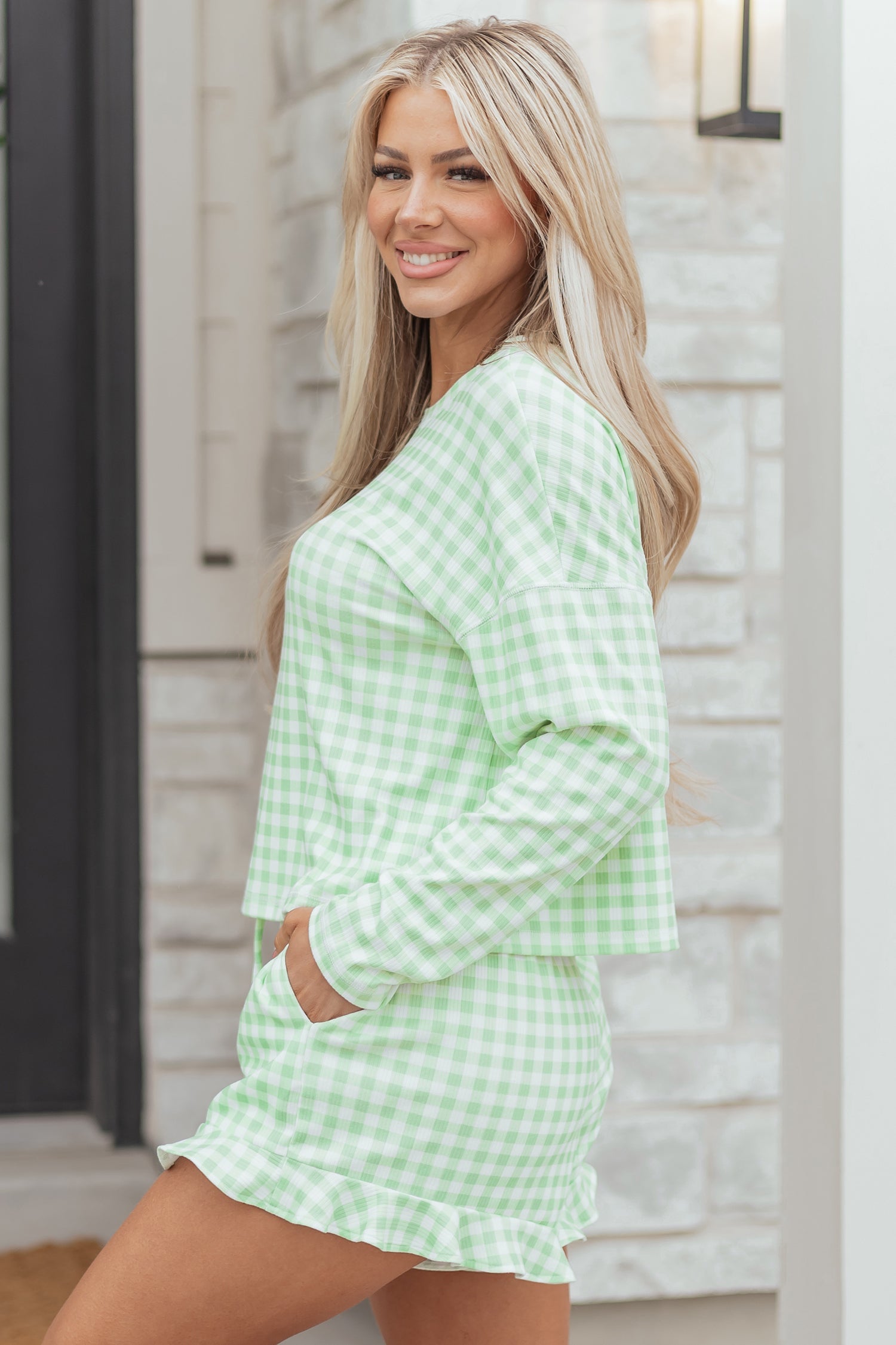 Gingham Long Sleeve Top and Shorts Set