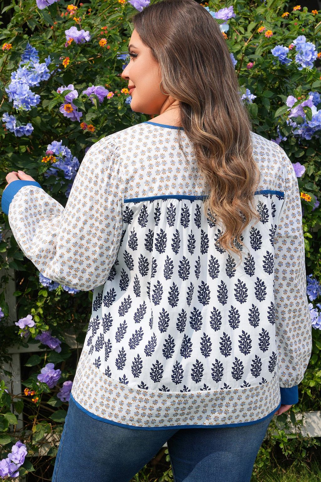 Plus Size Boho Floral Patchwork Puff Sleeve Blouse
