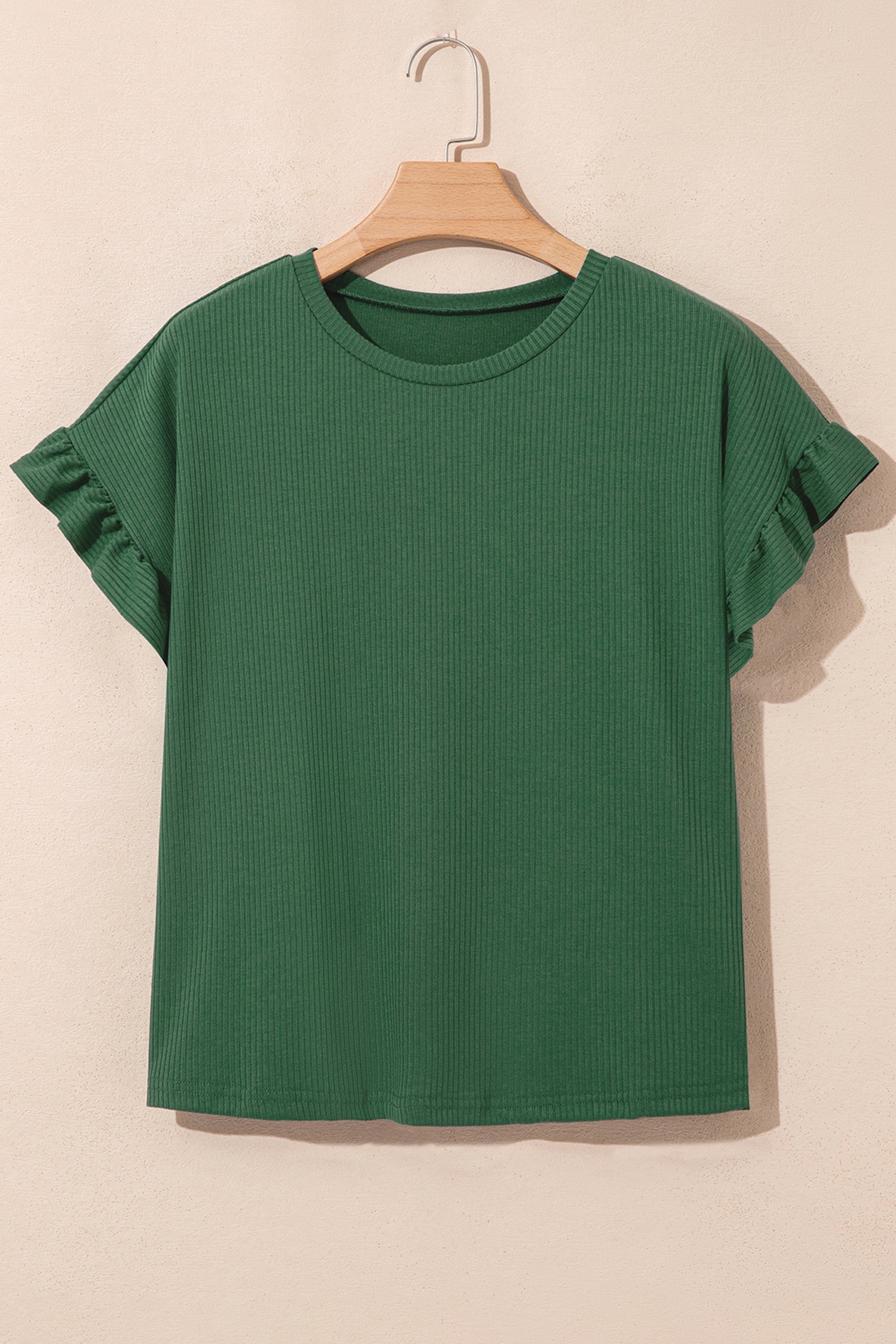Solid Ribbed Knit Ruffle Short Sleeve T-Shirt