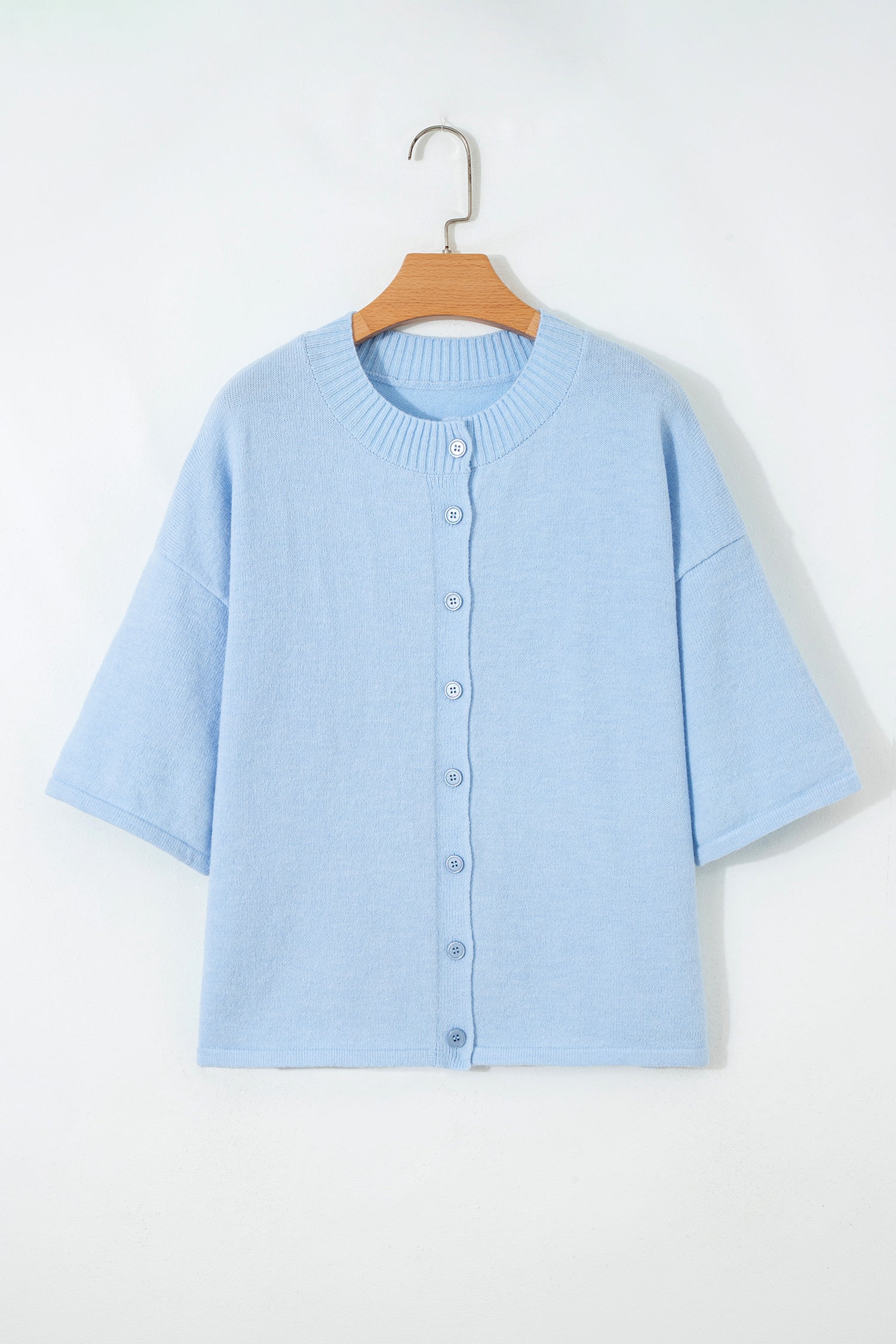Solid 3/4 Sleeve Boxy Button-Down Cardigan