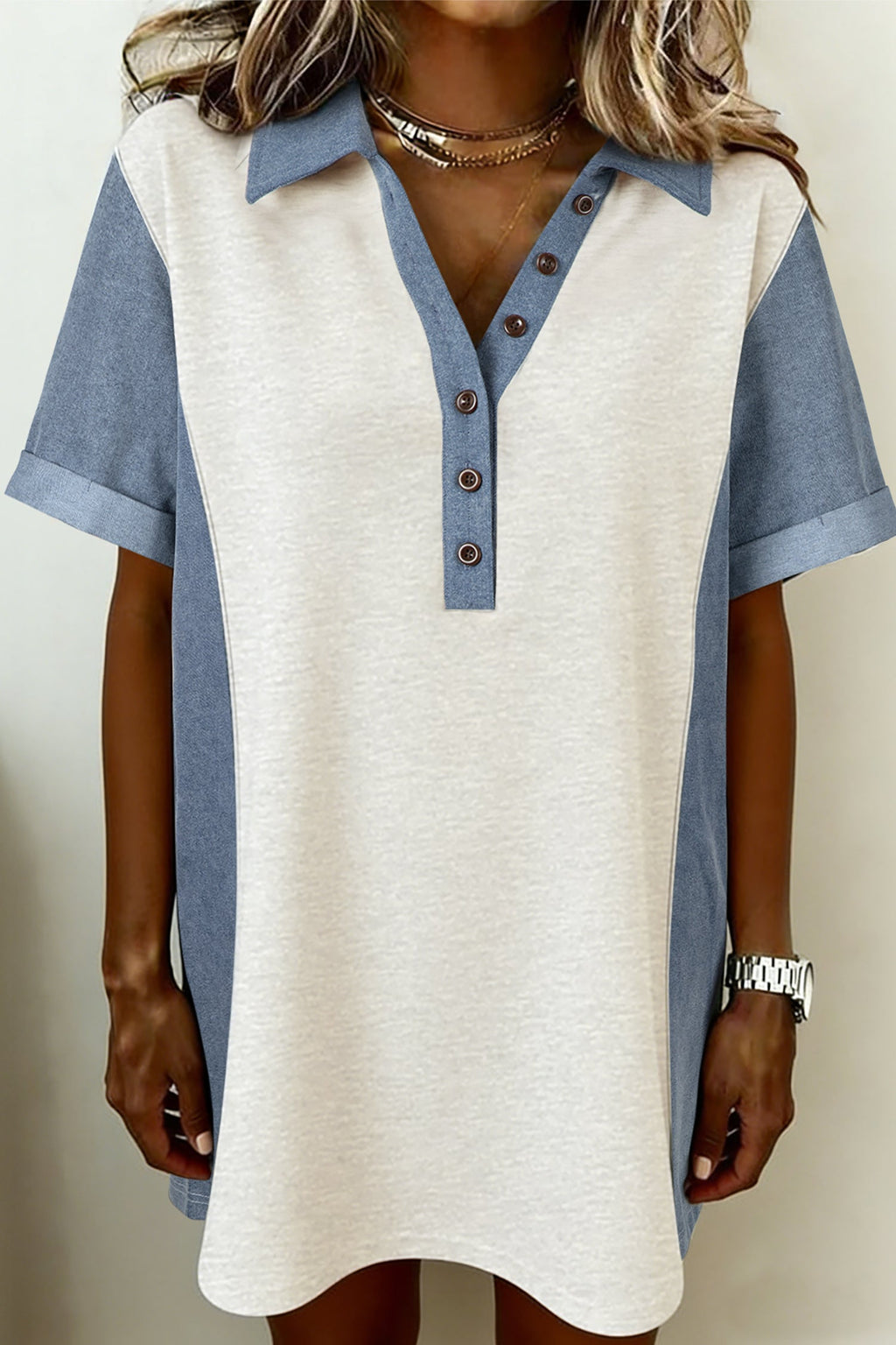 Colorblock Denim Patchwork Polo Collar Tunic Dress