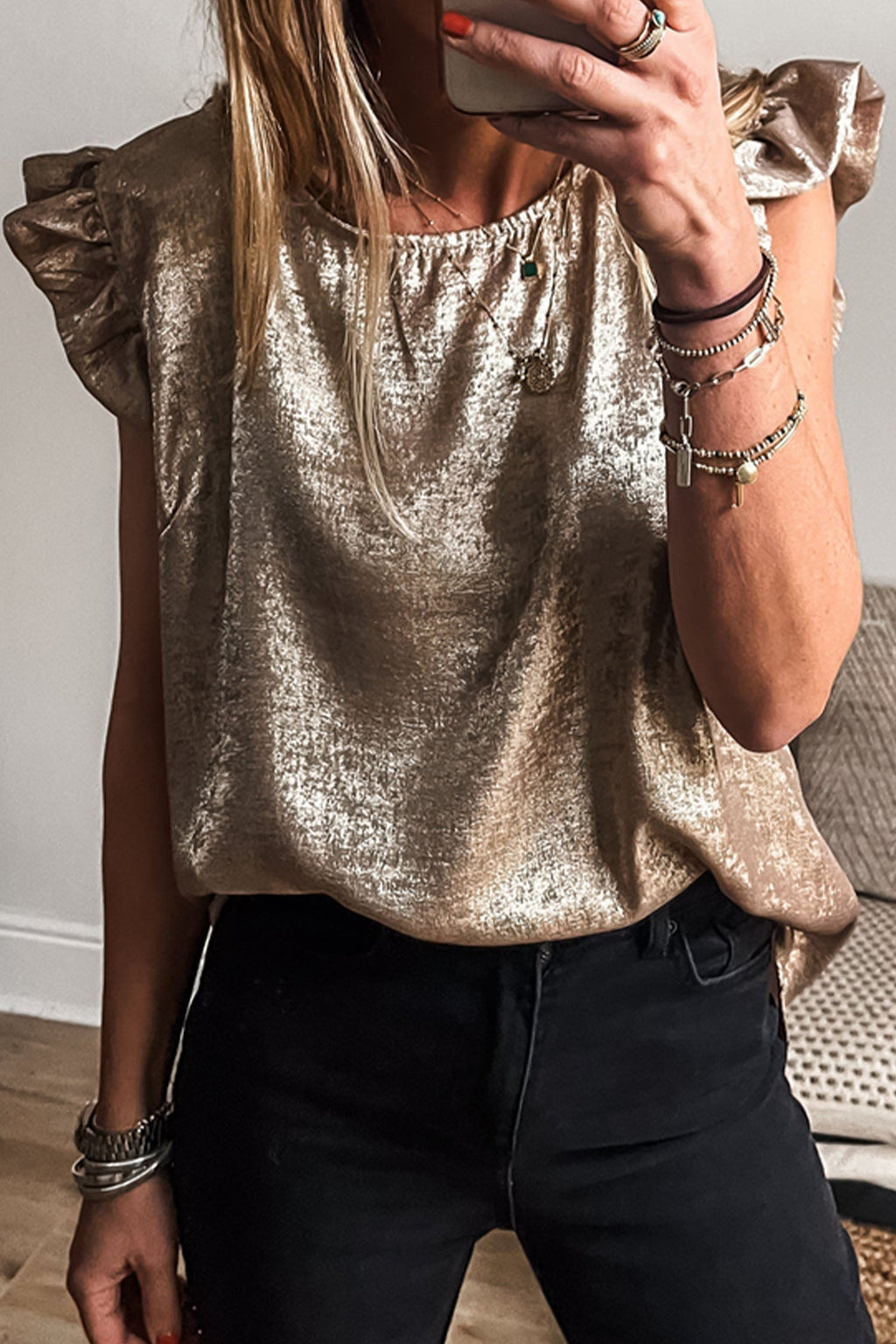 Metallic Ruffle Trim Sleeveless Round Neck Top