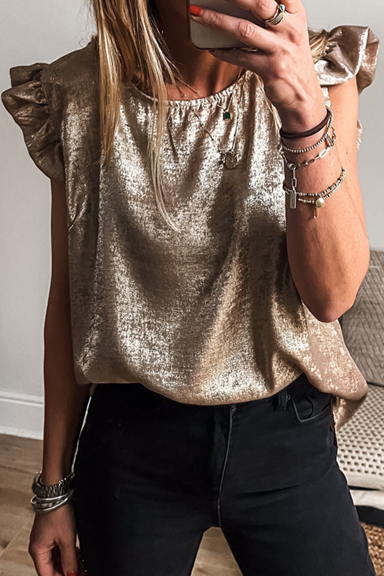 Metallic Ruffle Trim Sleeveless Round Neck Top