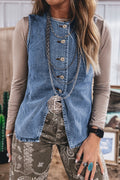 Western Denim Button Front Slit Sleeveless Vest