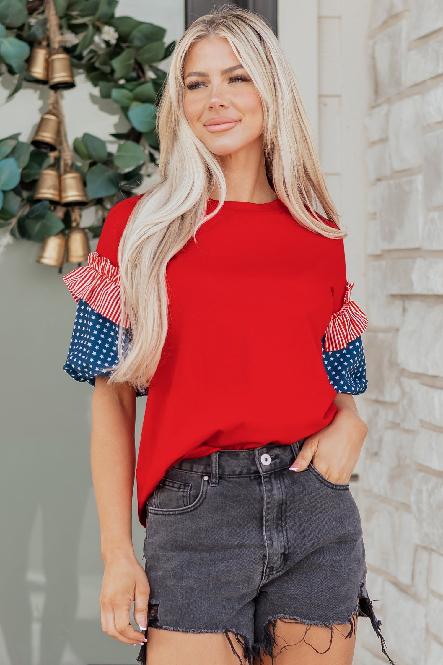Stars & Stripe Patchwork Short Puff Sleeve Top