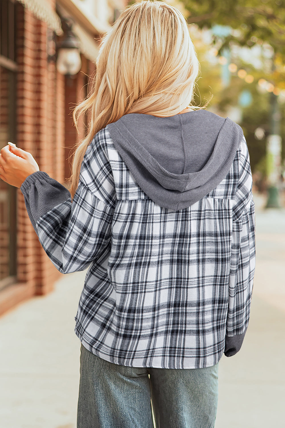 Plaid Quarter-Button Patchwork Long Sleeve Hooded Blouse