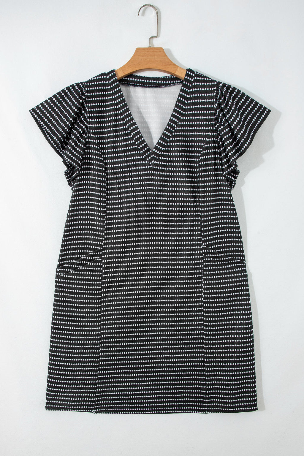 Stripe Textured Knit V-Neck Flutter Sleeve Mini Dress