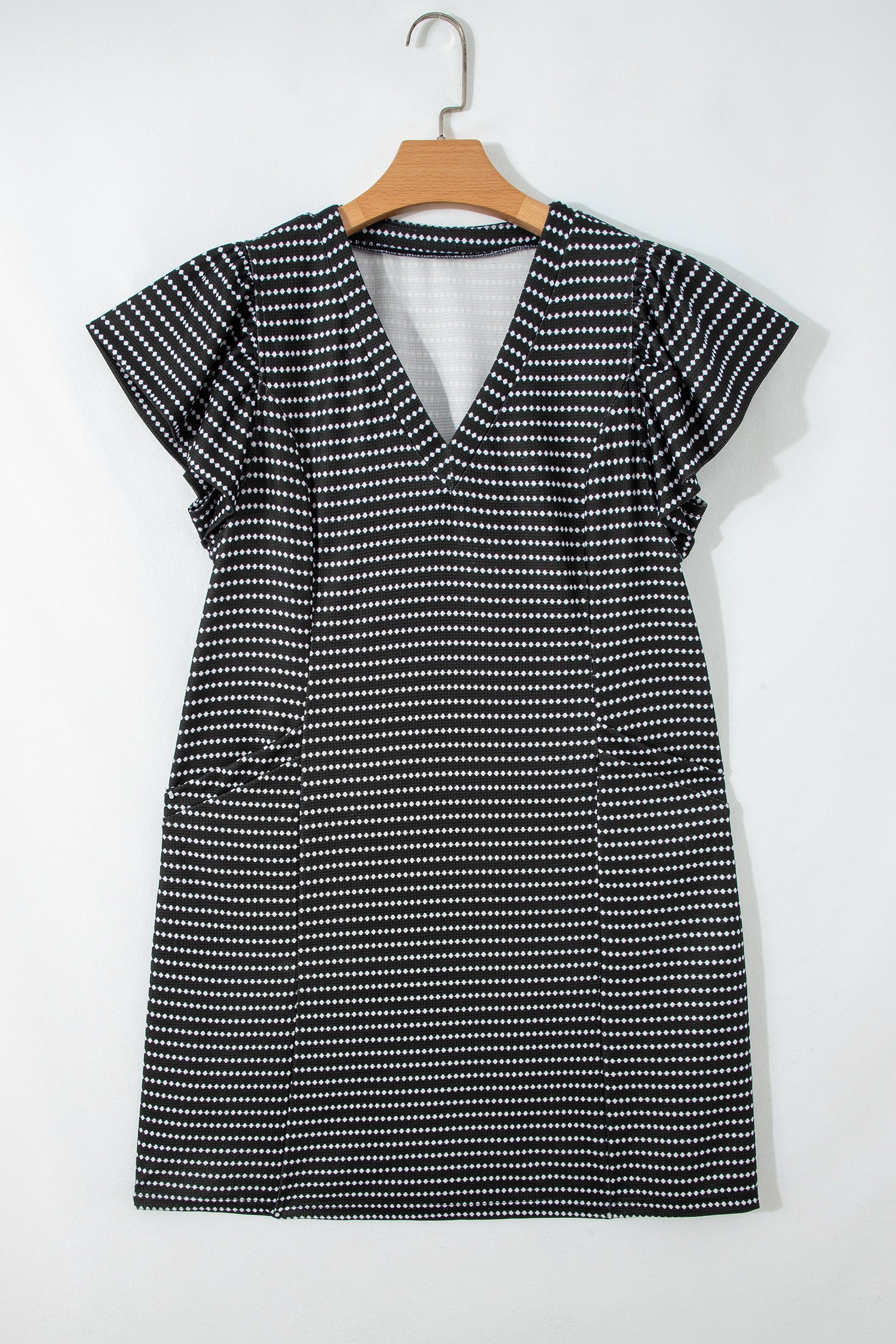 Stripe Textured Knit V-Neck Flutter Sleeve Mini Dress