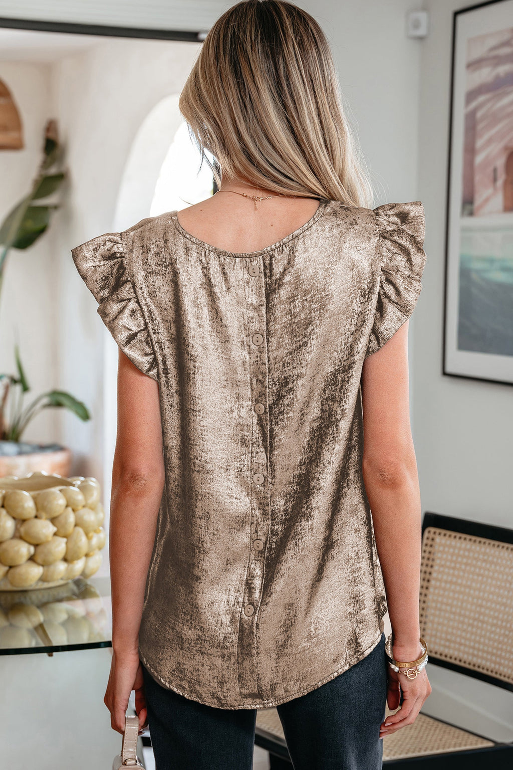 Metallic Ruffle Trim Sleeveless Round Neck Top