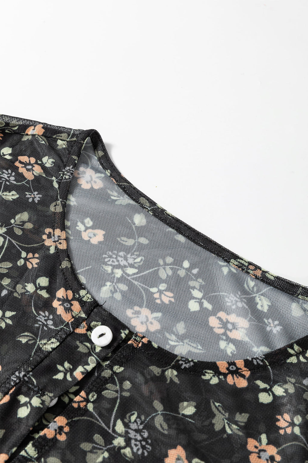 Black Floral Print Mesh Tank Button Front Slim Cardigan 2pcs Set