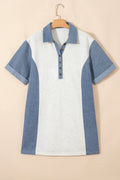 Colorblock Denim Patchwork Polo Collar Tunic Dress