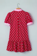 Floral V-Neck Short Bubble Sleeve Mini Dress