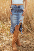 Denim Asymmetrical Distressed Midi Skirt