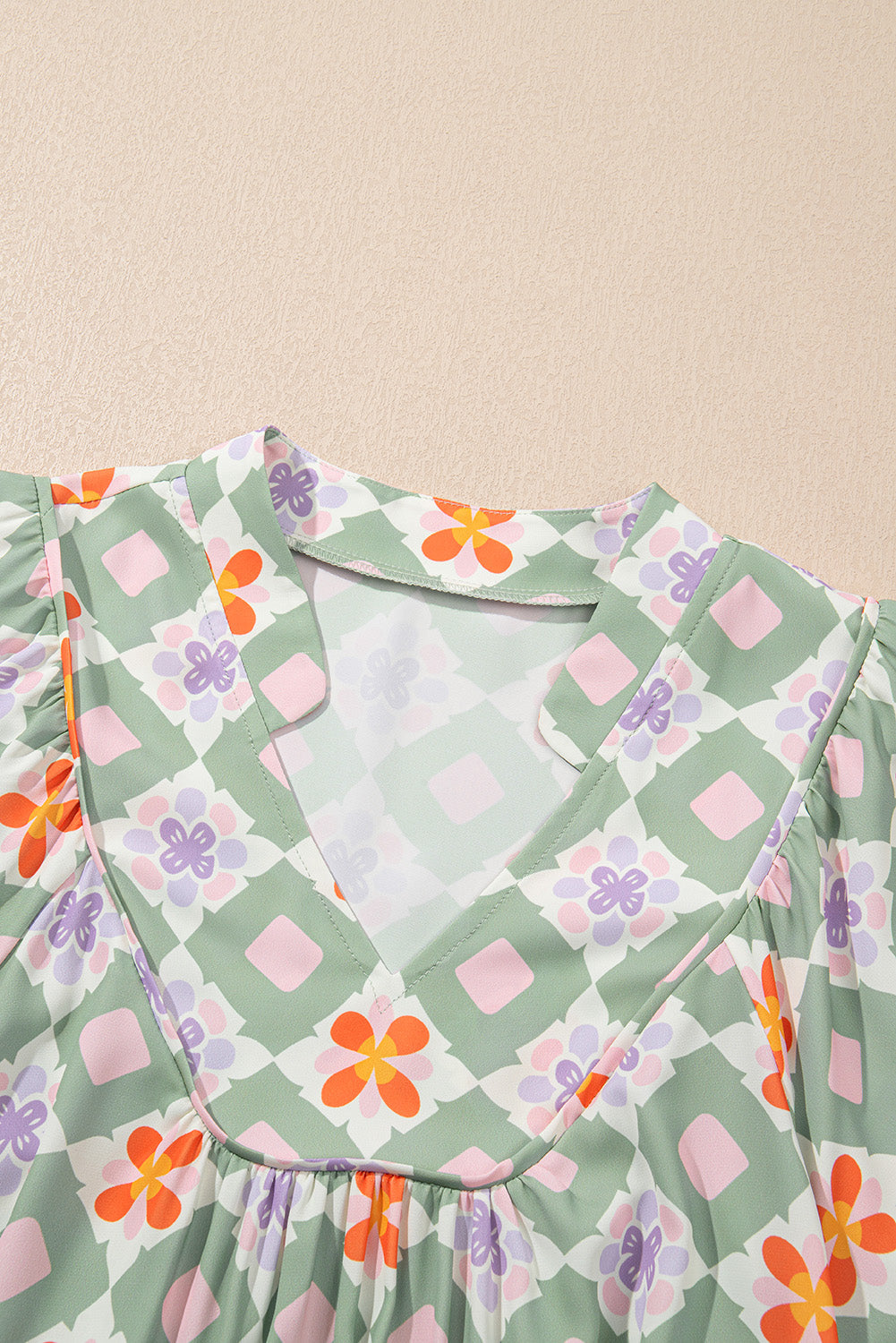 Geometric Floral 3/4 Sleeve Notched Neck Mini Dress