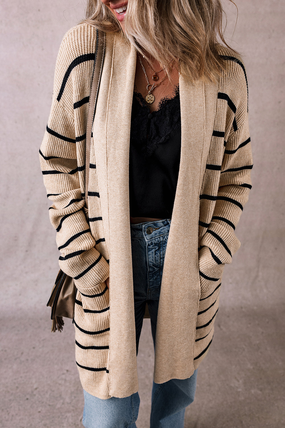 Stripe Shawl Neck Pocketed Open Cardigan
