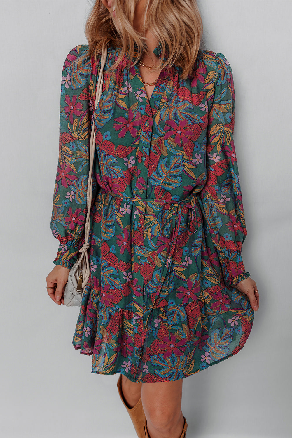 Floral Frilled V-Neck Puff Sleeve Ruffle Shirt Dress