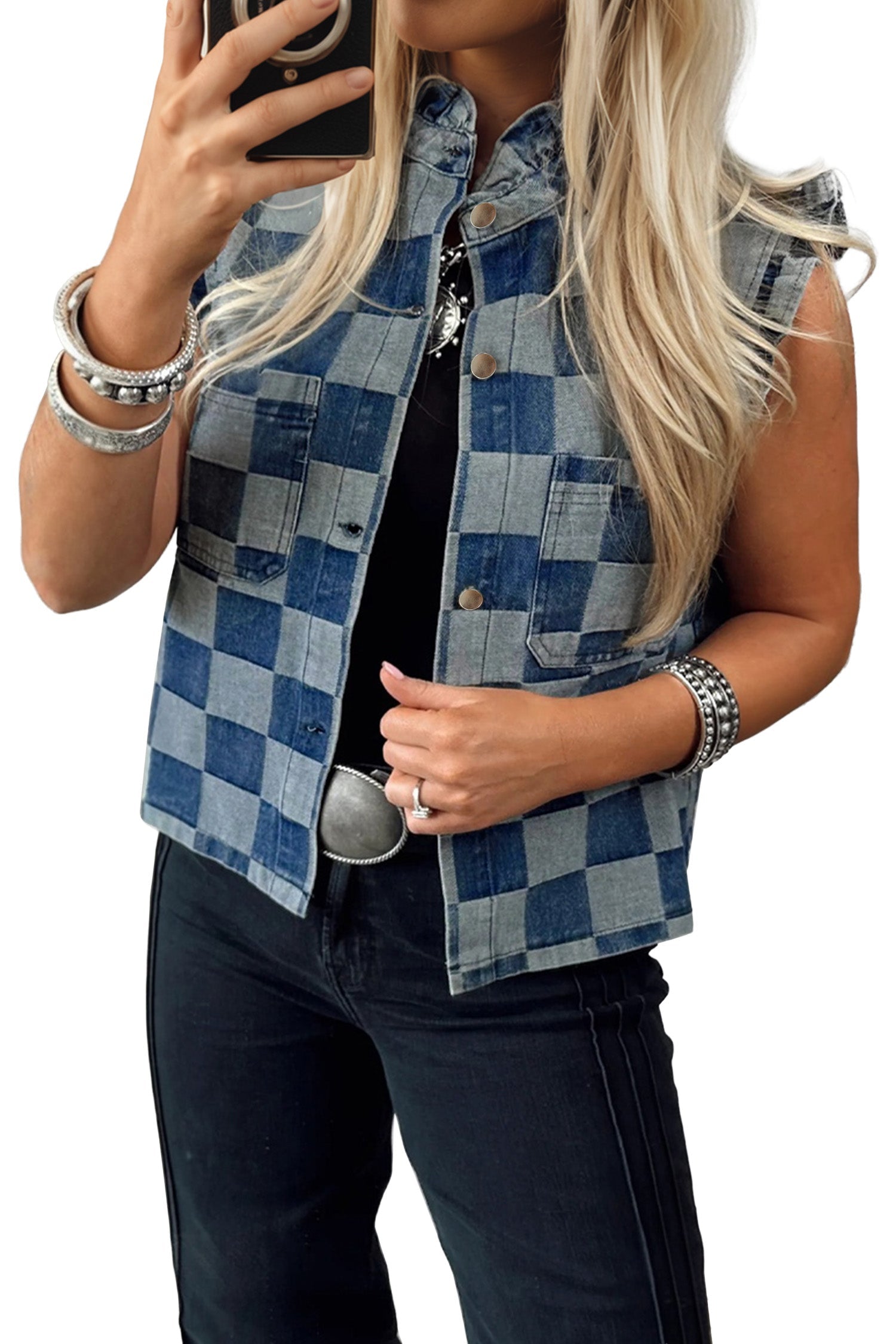 Checker Ruffle Trim Button Down Denim Vest