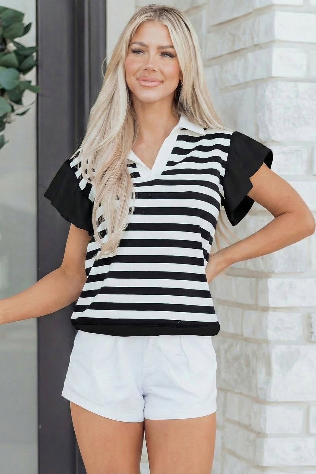 Stripe Collar V-Neck Ruffle Short Sleeve Blouse