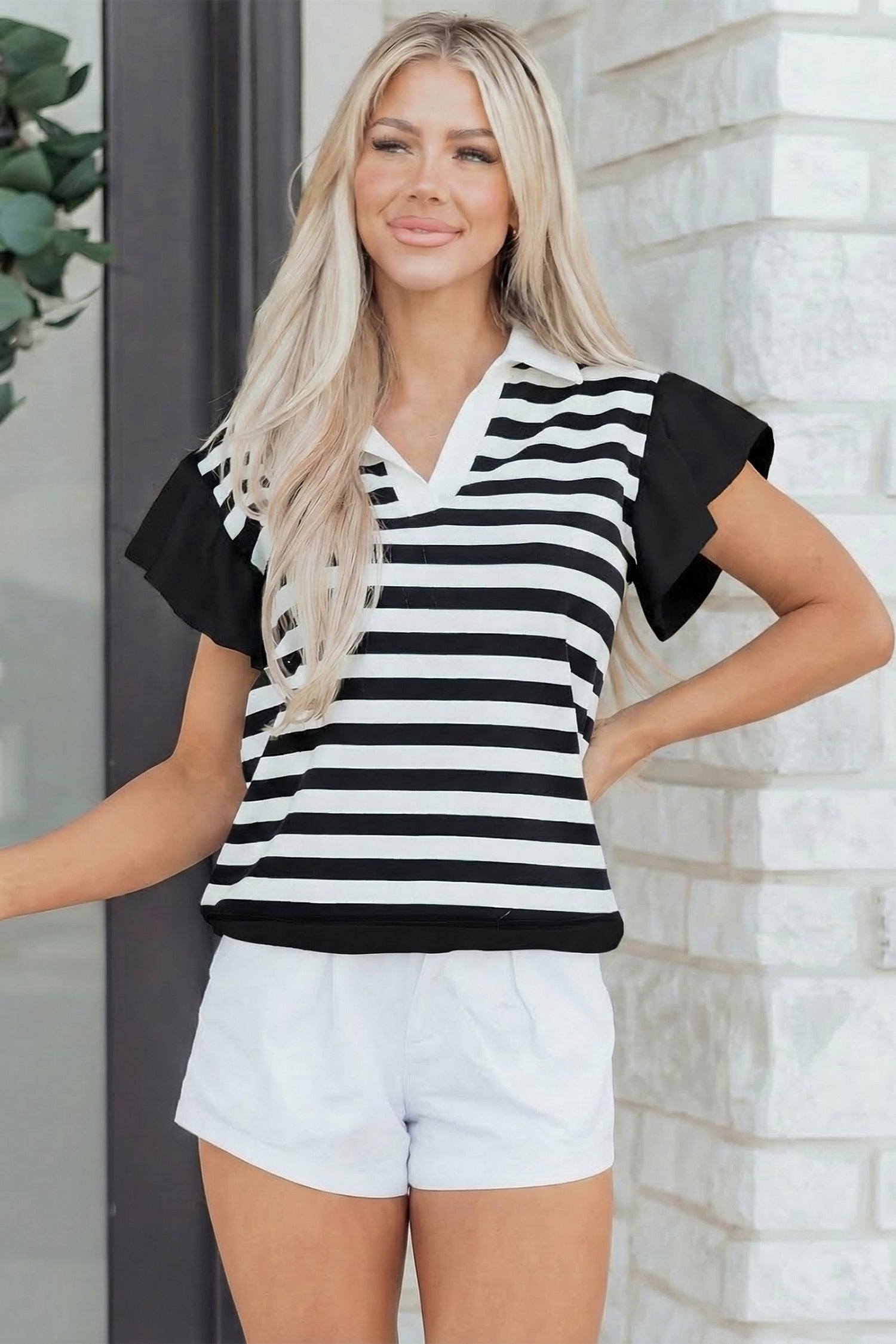 Stripe Collar V-Neck Ruffle Short Sleeve Blouse