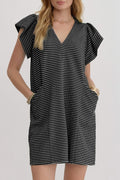 Stripe Textured Knit V-Neck Flutter Sleeve Mini Dress