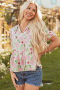 Floral V-Neck Puff Sleeve Peplum Blouse
