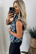 Checker Ruffle Trim Button Down Denim Vest