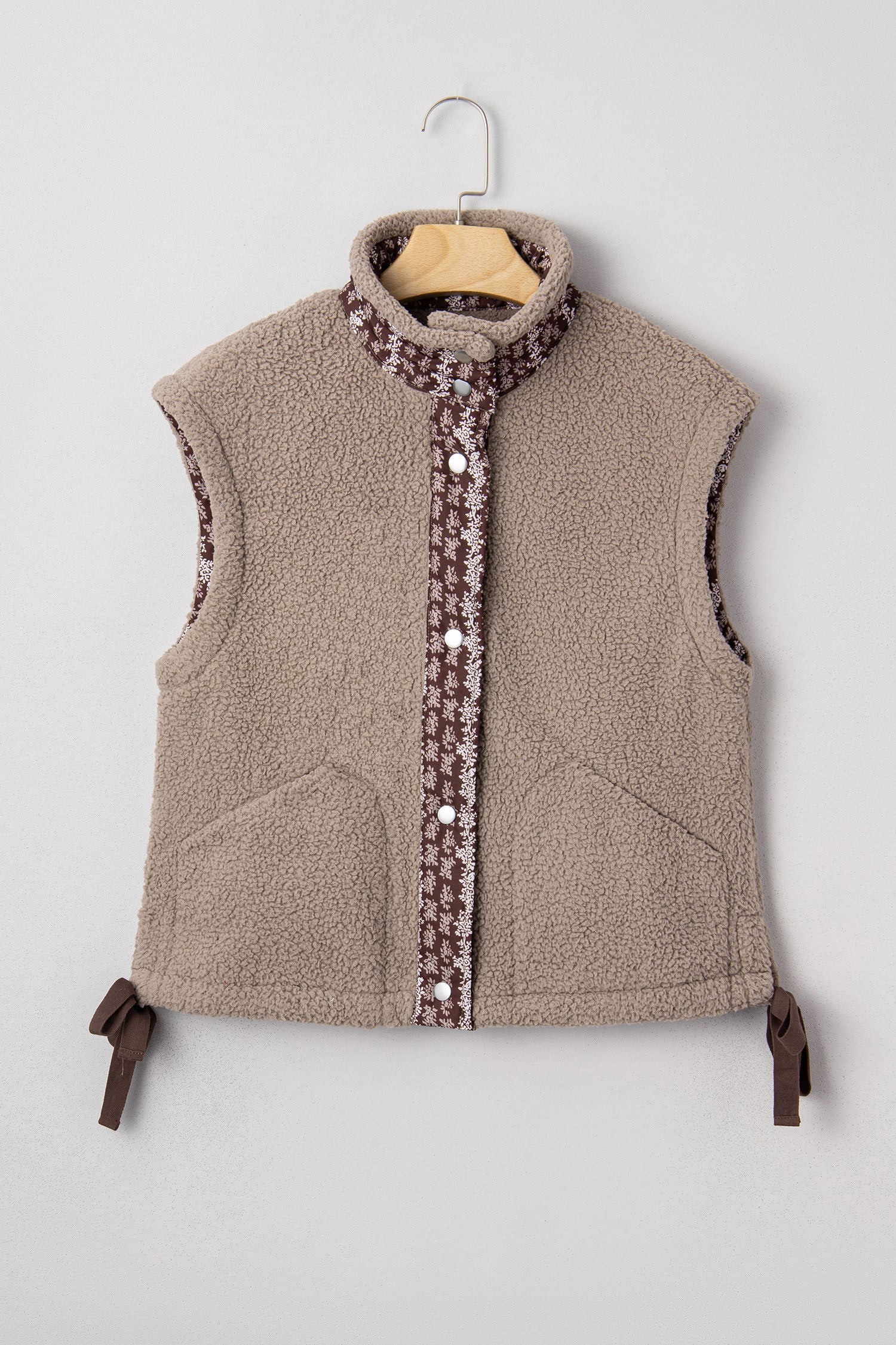 Floral Contrast Trim Fleece Side Bow Tie Vest