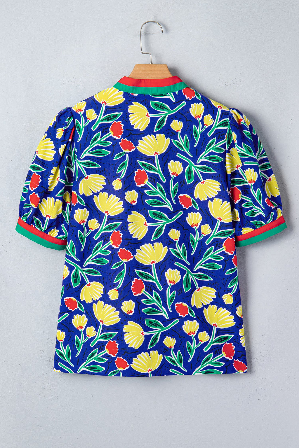 Floral Stripe Patchwork V-Neck Short Sleeve Blouse