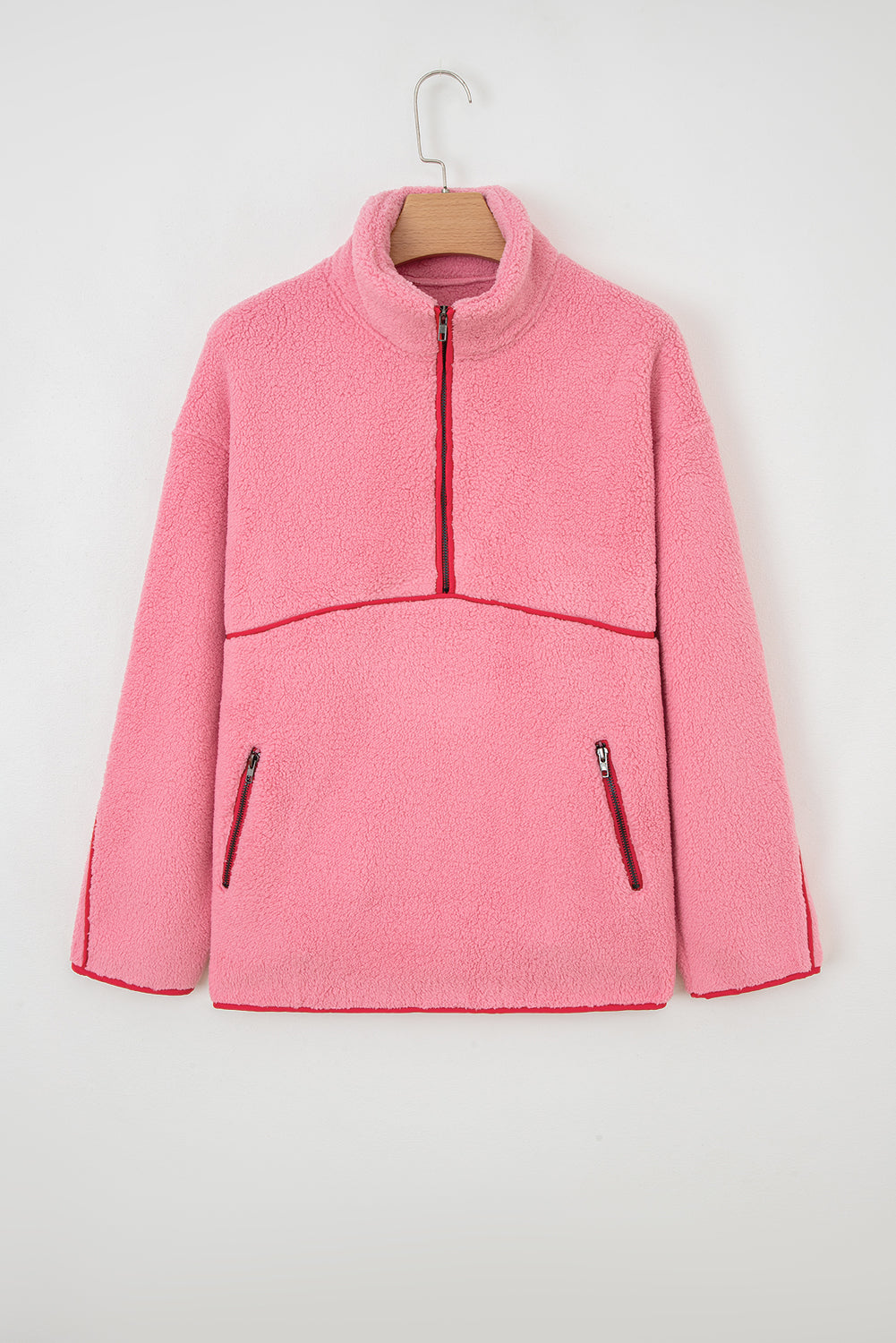Sherpa Faux Leather Trim Half-Zip Pocketed Sweatshirt