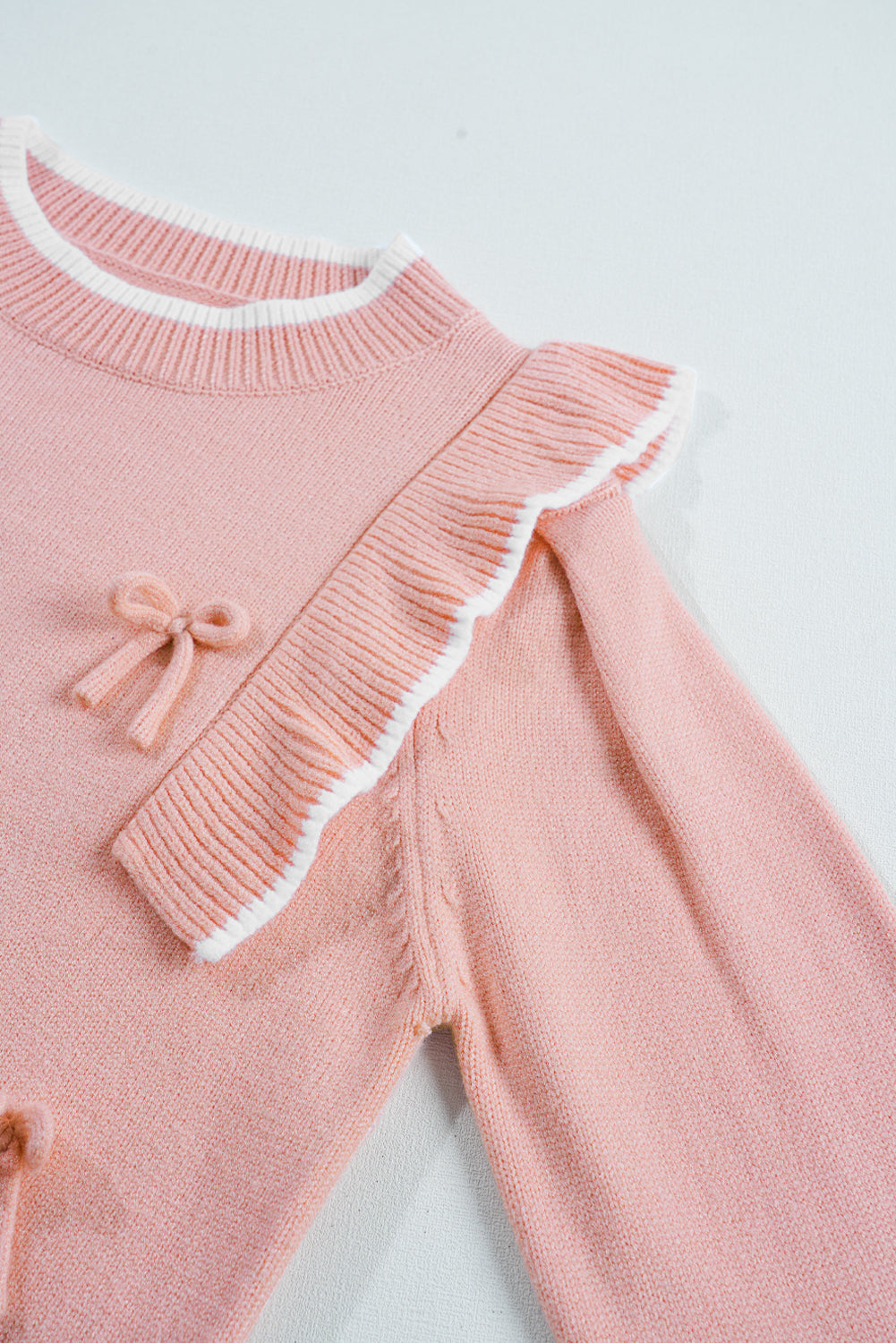 Bow Tie Ruffle Long Sleeve Ribbed Trim Sweater