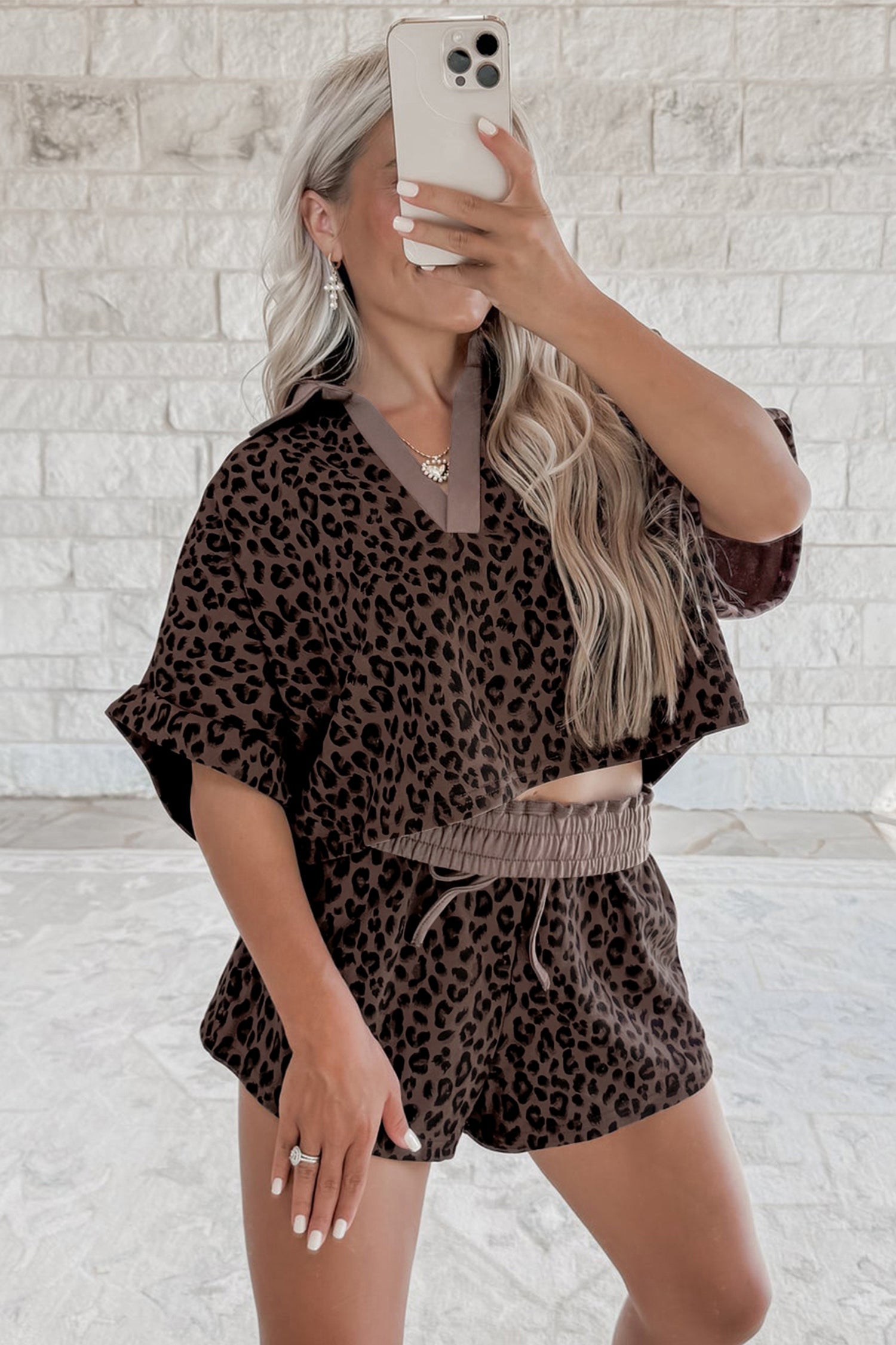 Leopard Collared V-Neck Top & Shorts Set