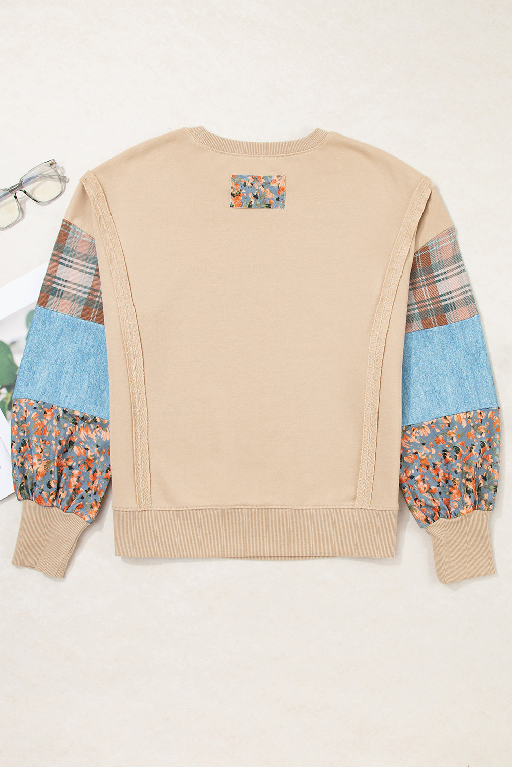 Plaid Patchwork Long Sleeve Raw Seam Sweatshirt