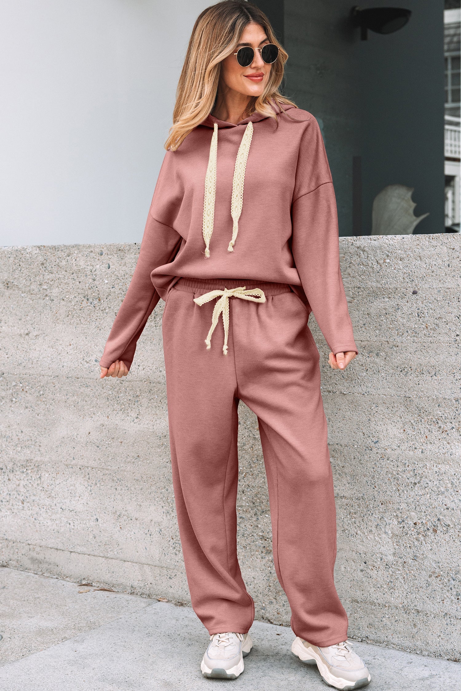 Solid Corduroy Lace Hoodie and Pants Set