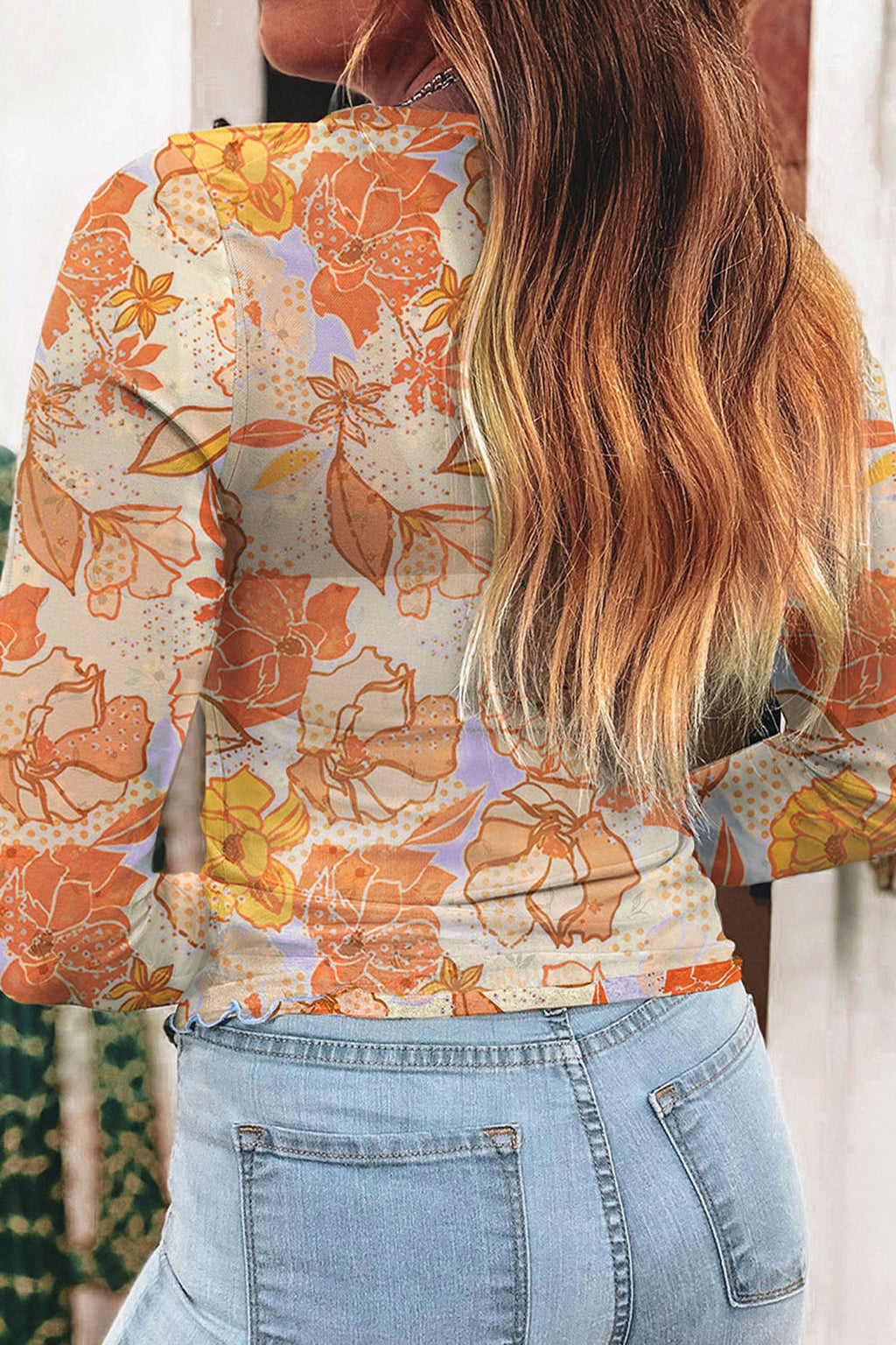 Floral Mesh Lettuce Trim Long Sleeve Top