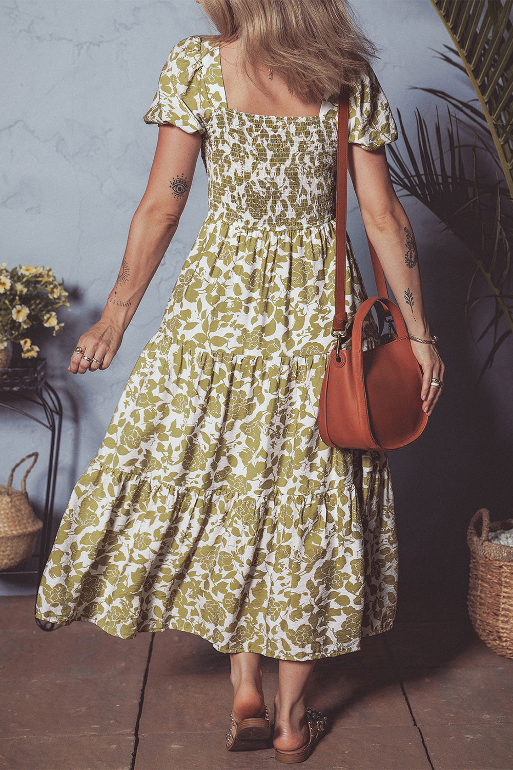 Boho Floral Smocked Square Neck Puff Sleeve Dress