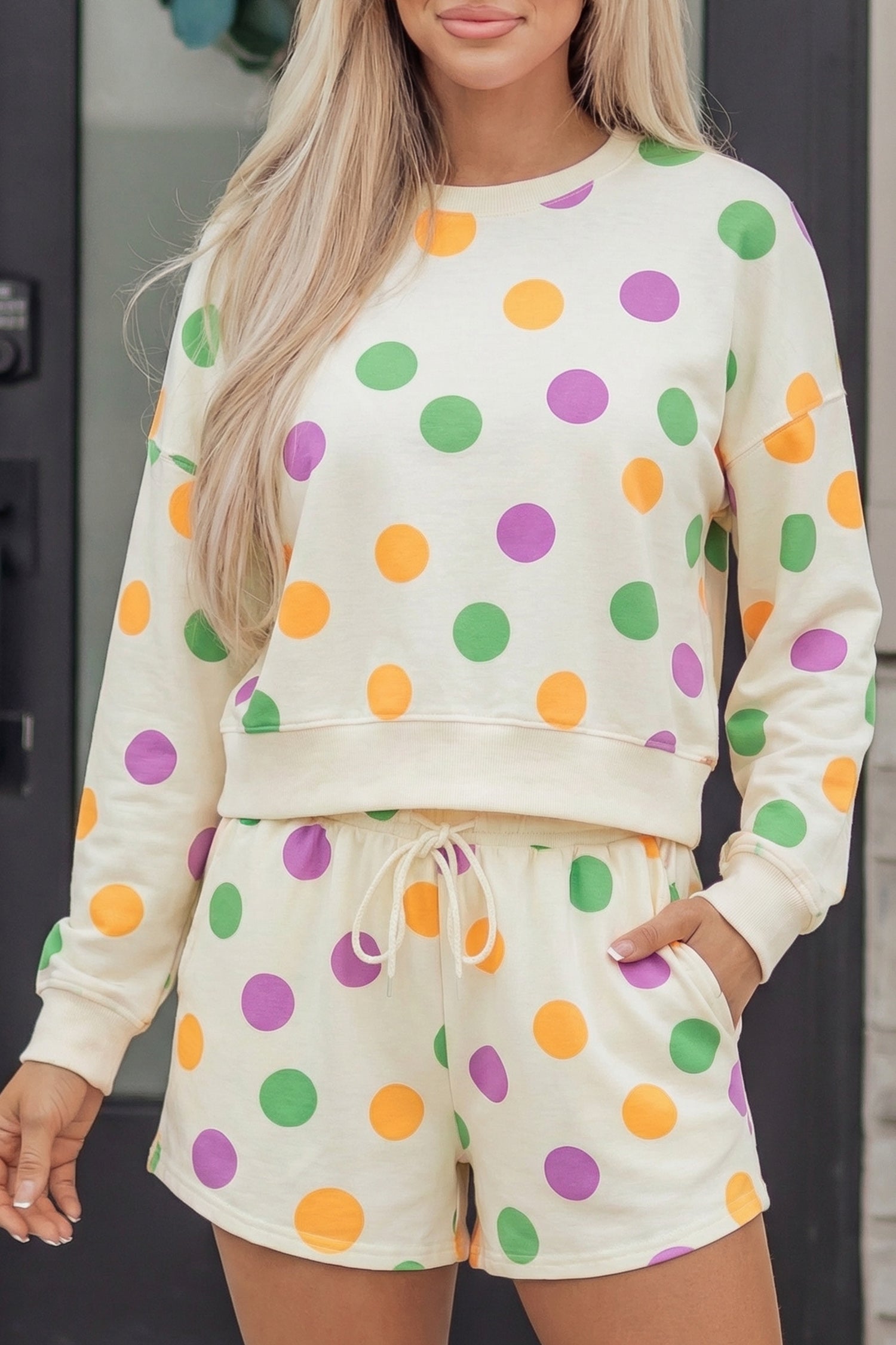 Polka Dot Pullover and Drawstring Shorts Set