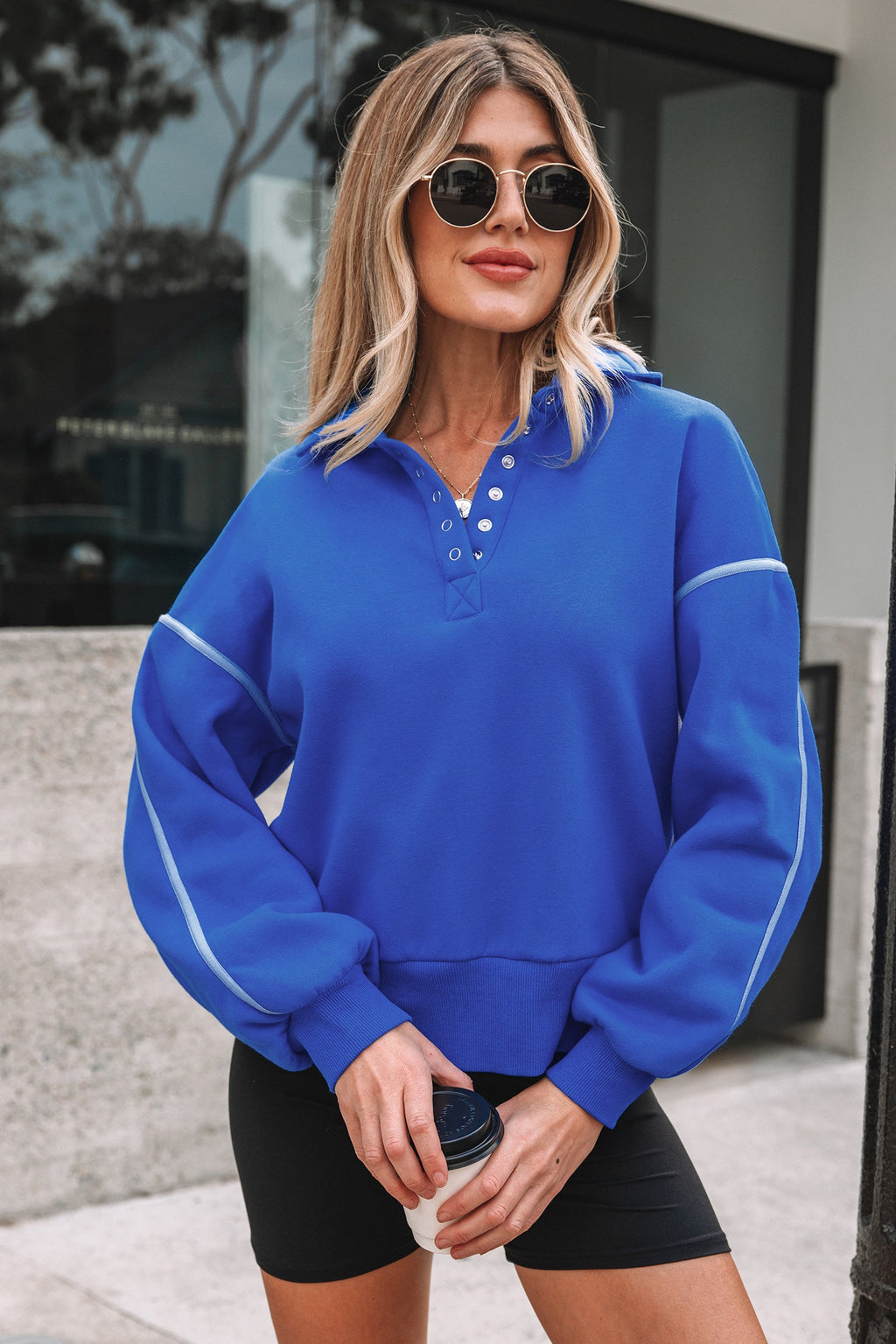 Collared Snap Button Exposed Seam Sweatshirt